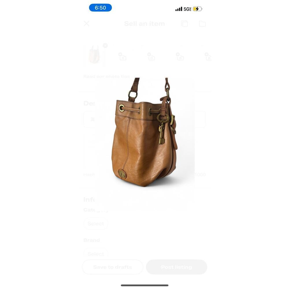 Fossil Tan Genuine Leather Vintage Bucket Bag Shoulder Purse Key Charm Y2K - Picture 2 of 10